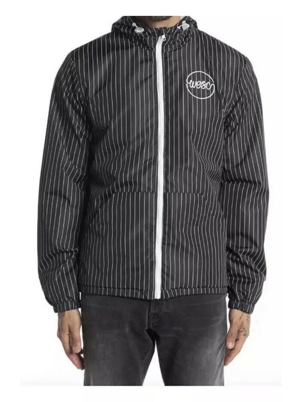WESC Windbreaker Jacket Men's XL Striped Black White Full Zip Sweden $158